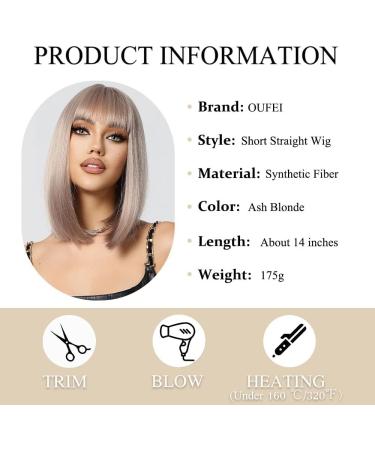 OUFEI Ash Blonde Bob Wig with Bangs | Short Straight Synthetic Hair Wig for Women - Perfect for Daily Wear, Parties, and Cosplay (1123-1) - Buy Online on GoSupps.com