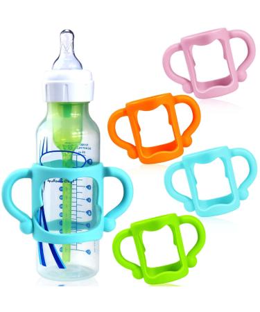 4-Pack Bottle Handles for Dr Brown Narrow Baby Bottles Soft Silicone Bottle Holder for Baby Self Feeding Teach Babies to Drink Independently Easy Grip BPA Free Pink Orange Blue Green