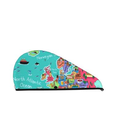 Cartoon Map of Europe Microfiber Hair Towel Soft Super Absorbent Hair Towel Wrap for Women Coral Velvet Quick Dry Hair Cap for Long Curly and Thick Hair