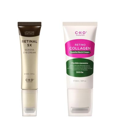 CKD Retinal Lifting Bundle 5X Gua Sha Eye Cream + Retinol Collagen Neck Cream with Massage Rollers | Firming Wrinkle Reduction & Hydration for Eye Neck & Jawline | Korean Anti-Aging Skincare Duo