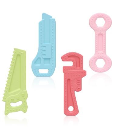 Airfish bite ring for babies baby teething toys for young and girls baby biting rings with easy-to-hold handles BPA free soft silicone (4 pieces-B) pink+blue+red+green