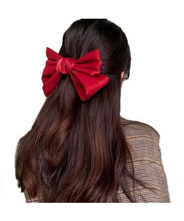 Large Bow Hair Clip Barrette Hair Bows Satin Solid Handmade Hair Clips Barrettes for Thick Hair Accessories for Women Girls Red Hair Bow French Style Barrette Hair Clips