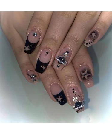 BABALAL Coffin Press on Nails Medium Fake Nails Black Glue on Nails French Ballerina Acrylic Nails with Star Design Stick on Nails for Women and Girls 24Pcs O05-1