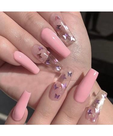 Press on Nails Long Acrylic Stick on Nails 24pcs Nude Pink Black Coffin Design Fake Nails with Glue Sticker for Women and Girls Fashion Nail Tips Cool Nails (Laser Butterfly Pink)