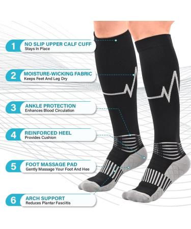 IRAMY Compression Socks 2 Pairs for Women & Men | Ankle & Arch Support - Foot Massage Pad | 20-30 mmHg Knee High | X-Large Black-Grey - Buy Online on GoSupps.com