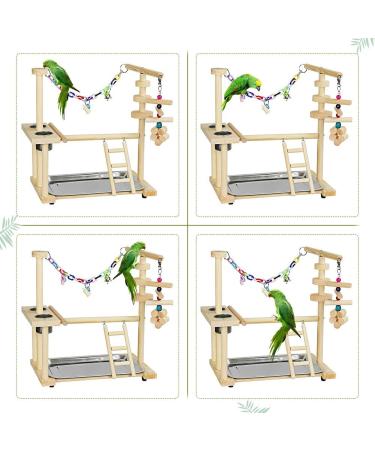 Olpchee Bird Playground Parrot Playstand with Feeder Cups, Toys, and Tray - Wooden Perch Gym for Cockatiel, Parakeet - Buy Online on GoSupps.com