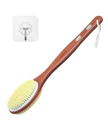 Metene Shower Brush with Upgrade 17-inch Rosewood Handle, Double-Sided Body Brush with Stiff and Soft Natural Bristles for Wet or Dry Brushing, Back Scrubber for Gentle Exfoliating and Clean Easily