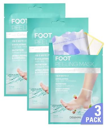 DERMAL KOREA Foot Peeling Mask 3 Pack For Dry Foot And Cracked Heel & Callus With Aloe Vera And Collagen - Exfoliating Peel Mask With Aha, Bha, & Pha And For Moisturizing, Soothing & Refreshing Feet - Buy Online on GoSupps.com