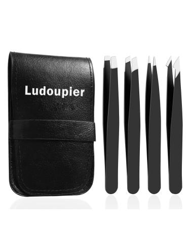 LUDOUPIER [4+1 Pieces] Tweezers Set with Travel Case, Great Precision Upgrade Professional Anti-rust Alloy Tweezers for Women & Men, Multi-purpose as Eyebrows Facial Hair Ingrown Hair Removal Black