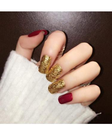Bright Red Hujl Artificial Nails with 24 Gold Sequins | Fully Square Design & Women's Stickers Shop Now for International Shipping! - Buy Online on GoSupps.com