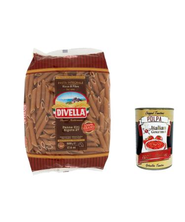 Italian Gourmet E.R. Pack of 20 Divella Penne ziti rigati whole wheat pasta n.27 - Italian pasta 500g + Italian Gourmet polpa 400g