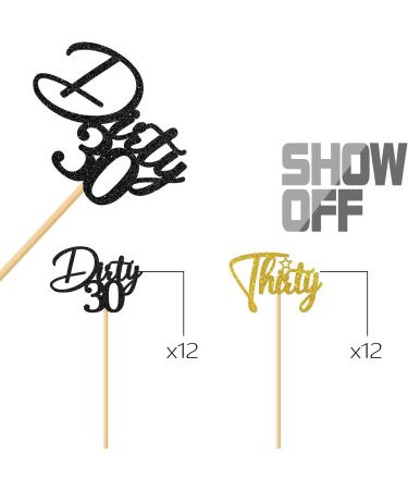 MonMon & Craft Dirty 30 Cupcake Toppers - 30th Birthday Sign - Dirty Thirty Cupcake Toppers - Thirty Dessert Decor- Cheers to 30 Years Party Decorations Black Gold Glitter - 24 Pcs - Buy Online on GoSupps.com