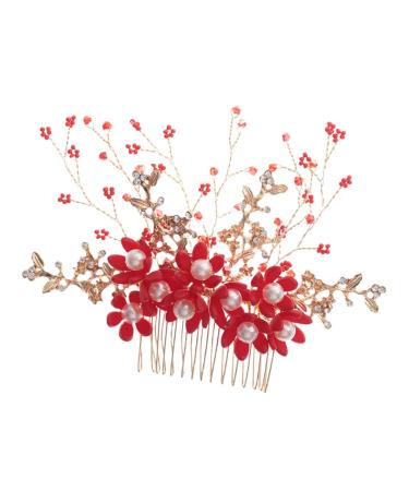 HAPINARY Handmade Comb Hair Insert Comb Bridal Headpiece Flower Hair Combs Wedding Side Comb Wedding Hair Combs Pearl Comb Clip Crystal Headpiece Tiara Red Hanfu Bride Headgear