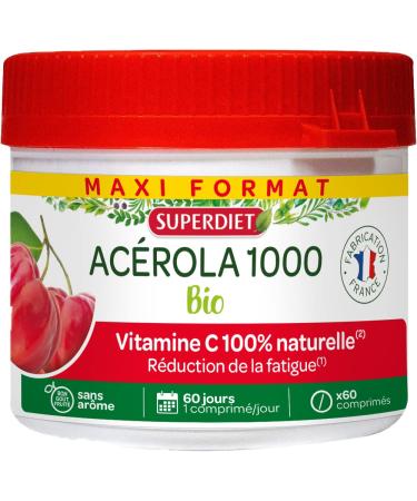 SUPERDIET- ACEROLA 1000 ORGANIC - High concentration of Vitamin C - Reduction of fatigue - Maxi pot of 60 chewable tablets