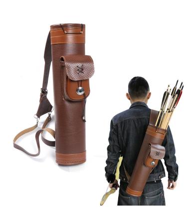 TOPARCHERY Traditional Shoulder Back Quiver Bow Leather Arrow Holder with Large Pouch Handmade Straps Belt Bag Brown