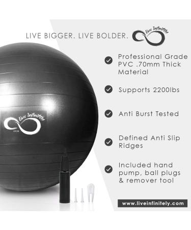 Live Infinitely 95cm Exercise Ball - Extra Thick Professional Grade Anti-Burst Stability Ball - Supports 2200lbs - Includes Hand Pump & Workout Guide - Black - Buy Online on GoSupps.com