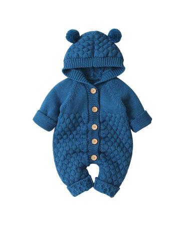 Baby Boy Girl Clothes Long Sleeve Knitted Hooded Romper Bodysuit Onesie Fall Winter Jumpsuit 0-6 Months Blue-Hairball