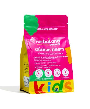 Herbaland Vegan Calcium Bears Gummies for Kids Contains Calcium Phosphorus Vitamin D3 Sugar-Free and Gluten-free Strawberry Banana Flavor 90 Count Compostable Pouch