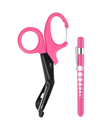 MOVOCA Pen Light for Nurses & Medical Scissors LED Penlights with Pupil Gauge 7.5 Bandage Scissors EMT Trauma Shears with Carabiner for Doctor and Nurses (Hot Pink Shears+Pink Penlight)