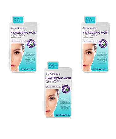 Skin Republic Hyaluronic Acid & Collagen Face Mask For Younger Looking Skin Helps with Fine Lines and Wrinkles Long Lasting Hydration 25ml TRIO