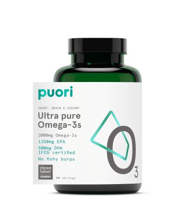 Puori Omega 3 Fish Oil Supplement - Ultra Pure & Burpless Wild Caught Fish Oil with 2000mg Omega 3 Fatty Acids 1250mg EPA & 500mg DHA Supports Heart Brain & Eye Health - IFOS Certified - 120 Softgels 120 Count (Pack of 1)