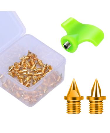 Lejof Carbon Steel Track Spikes 50 Pcs 1/4 Inch Lighter Weight Spikes for Track 0.47 Grams Spikes with Spike Wrench Replacement Spikes for Track and Field Sprinting or Cross Country Gold