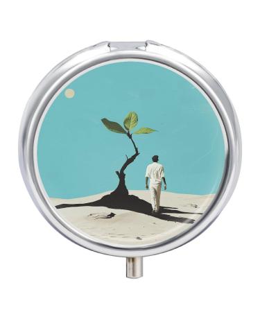 Pill Box Pill Case 3 Compartment Travel Pill Box Walking in The Desert Printing Small Pill Box Portable Medicine Pill Case Pill Organizer for Purse & Pocket for Travel Handbag (Round)