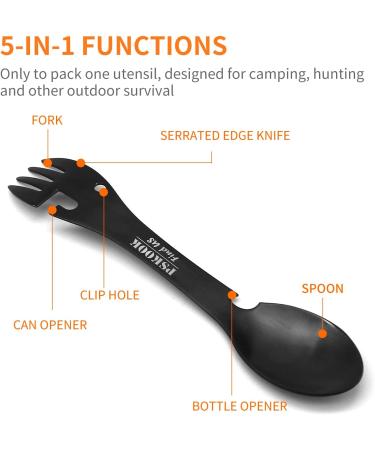 PSKOOK 5-in-1 Utility Tactical Spork  2-Pack Stainless Steel Spoon & Bottle Opener  Fork & Knife  Can Opener Combo Camping Utensil for Hiking  Camping or Backpacking (Black & Matte Silver) black+silver - Buy Online on GoSupps.com