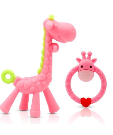 Baby Teether Toy Teething Giraffe Toy Silicone Baby teether Toys Easy to Hold and Clean Up for 3 Months Above Infant Sore Gums Pain Relief (Pink)