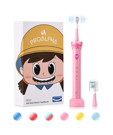 Kids Electric Toothbrushes Girls proalpha Rechargeable Electric Toothbrush for Kids Age 3-12, 2 Mintues Timer Kid Sonic Toothbrush with 2 Reminder Brush Heads, IPX7 Waterproof, Pink