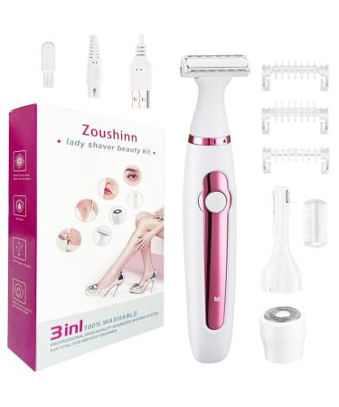 Zoushinn Electric Shaver for Women, 3-in-1 Rechargeable Bikini Trimmer, for Eyebrow Facial Arms Legs Bikini Area, Wet & Dry Painless, Lady IPX5 Waterproof Bikini Trimmer/Body Hair Remover Pink