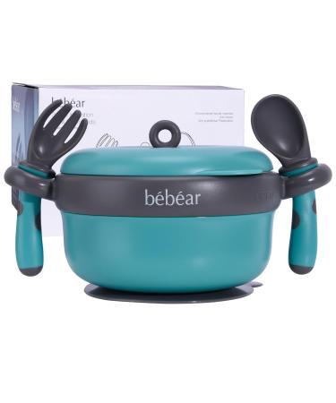 Bebamour Toddler Bowls Suction Bowl Set for Feeding and Weaning Outstanding Suction Baby Suction Bowls with Matching Spoon and Fork Set from 6 Months Green