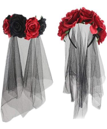 Lurrose Rose Floral Crown Veil Halloween Costume Mexican Headband Day of the Dead Headpiece for Festival Carnival Party Red and Black Gr ße 1 - Buy Online on GoSupps.com
