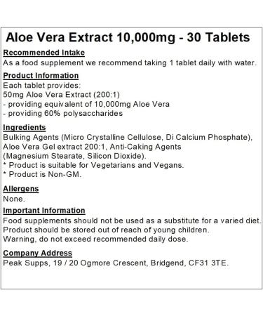 Peak Supps Aloe Vera 10 000mg Extract - 30 Tablets - Vegan - Buy Online on GoSupps.com