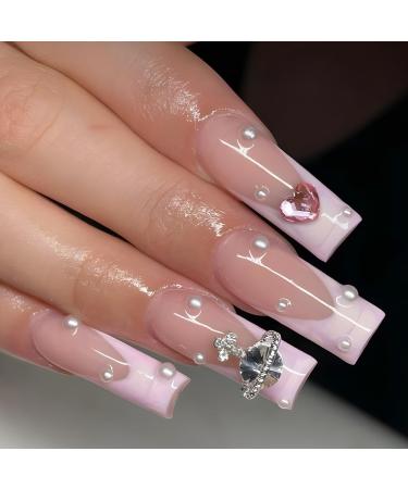 French Tip Press on Nails - Long Square Press On Nails with Nail Tips Love Heart crystal powder rhinestone Planet pattern Design Glossy white press on nails Acrylic False Nails Cute Artificial Nails