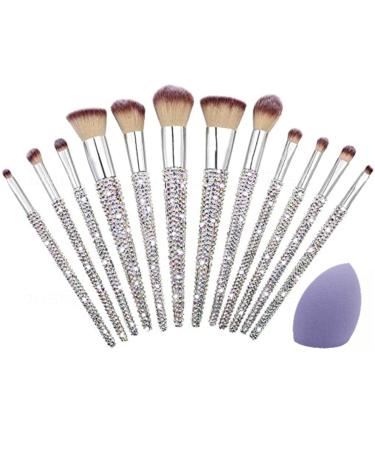 Diamond Crystal Rhinestone Makeup Brush Set W/Gift Box & Cosmetic Sponge Bedazzled Bling Glitter Brushes set 13PC 13 Pcs Silver N Diamond Crystal