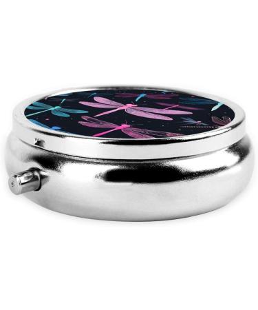 Purple Dragonfly Round Pill Box - 3 Compartment Mini Decorative Organizer for Travel | Portable Medicine & Vitamin Holder - Buy Online on GoSupps.com