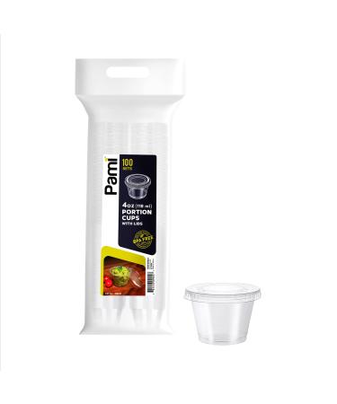PAMI Portion Control Cups With Lids 4oz, 100-Pack- Small Meal Prep Plastic Food Containers- BPA-Free Disposable Ramekin Cups- Deli Containers For Condiments, Sauces, Salsas, Dips, Jello Shots 100 4oz