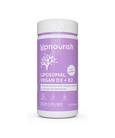 UpNourish Certified Vegan Vitamin D3 5000 IU K2 MK4 MK7 500 mcg Supplement 150 Softgels Plant Based Liposomal Vitamin D K with Organic Coconut Oil Non GMO Gluten and Gelatin Free