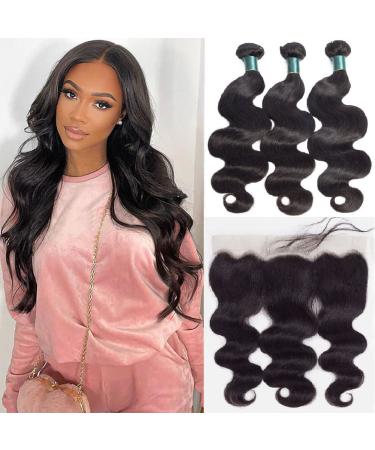 Brazilian Body Wave Human Hair Bundles with Frontal Closure 100% Unprocessed Virgin Human Hair Body Wave Bundles with 13X4 Frontal Natrral Color Human Hair 3 Bundles with Frontal Free Part Closure 12 14 16 + 10 body wave b…