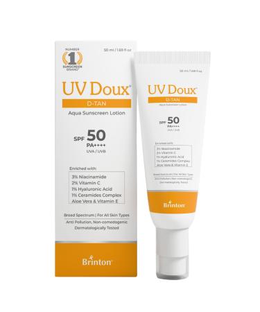 Brinton Pharmaceuticals Brintton UV Doux DTan Aqua Sun screen Lotion Reports by 3 Nacinamid 2 Vitamin C 1 Hyaluron acid 1 Ceramide Aloe Vera & Vitamin E SPF 50 PA+++ Breed Spectrum 50 ml