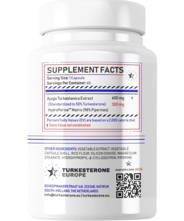 Turkesterone Max 50% Complex with HydroPerine - 60 Capsules (600mg) - Turkesterone Europe  - Buy Online on GoSupps.com