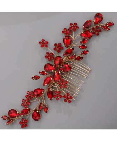 BERYUAN Teardrop Flower Crystal Hair Comb for Women Cute Crystal Comb for Bride RED