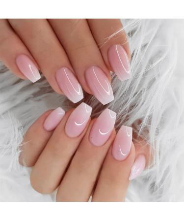 JUSTOTRY 24 Pieces Peach Pink Coffin Nails for Sticking on Medium Glossy Press on Nails Ballerina Artificial Nails Fake Nails for Nail Art Beautiful French Fingernails for Sticking on for Women pink & coffin 1 - Buy Online on GoSupps.com