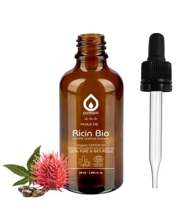 PURENAIL Purespa - Organic Castor Oil - 100% Pure - Natural - Cold Pressed - Cosmos Certified ECOCERT - Eyelashes - Eyebrows - Body - Hair - Beard - Nails - Castor Oil - Dropper + Glass Bottle (50 ml)
