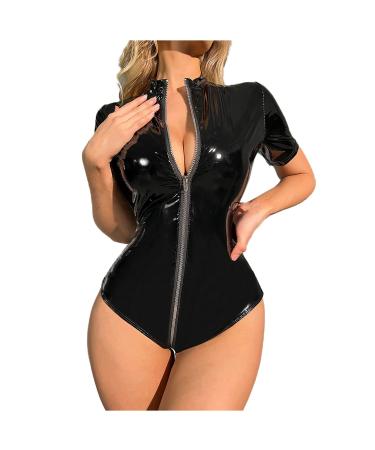 Faux Leather Teddy Lingerie for Women Sexy Naughty One Piece Zipper Crotch Shiny Bodysuit Leotard Jumpsuit for Sex Black Medium