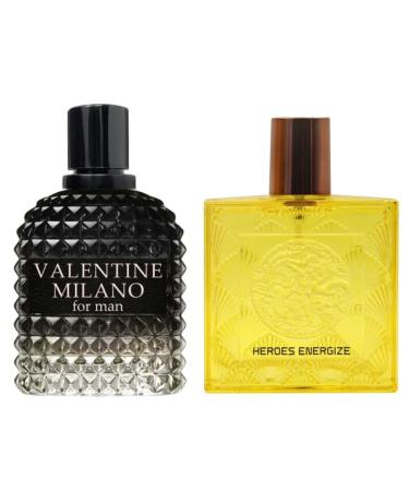 Valentine Milano for Men (EDP) & Heroes Energize Cologne for Men (EDT) Fragrance for Men 3.4 Fl Oz Each (Pack of 2)