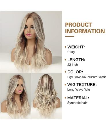 CHRSHN Platinum Blonde Ombre Long Wavy Synthetic Wig 22 Inches - Heat Resistant Fiber - Middle Part - Light Brown Mix - Buy Online on GoSupps.com
