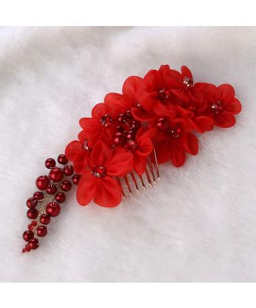 Handmade Bridal Hair Side Comb Clip | Tulle Wedding Accessories | Red Hairpiece - Buy Online on GoSupps.com