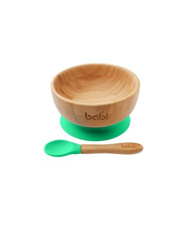 Babi Baby Toddler Large Bowl & Matching Spoon Set Natural Bamboo with Stay Put Silicone Suction Ring (Green)